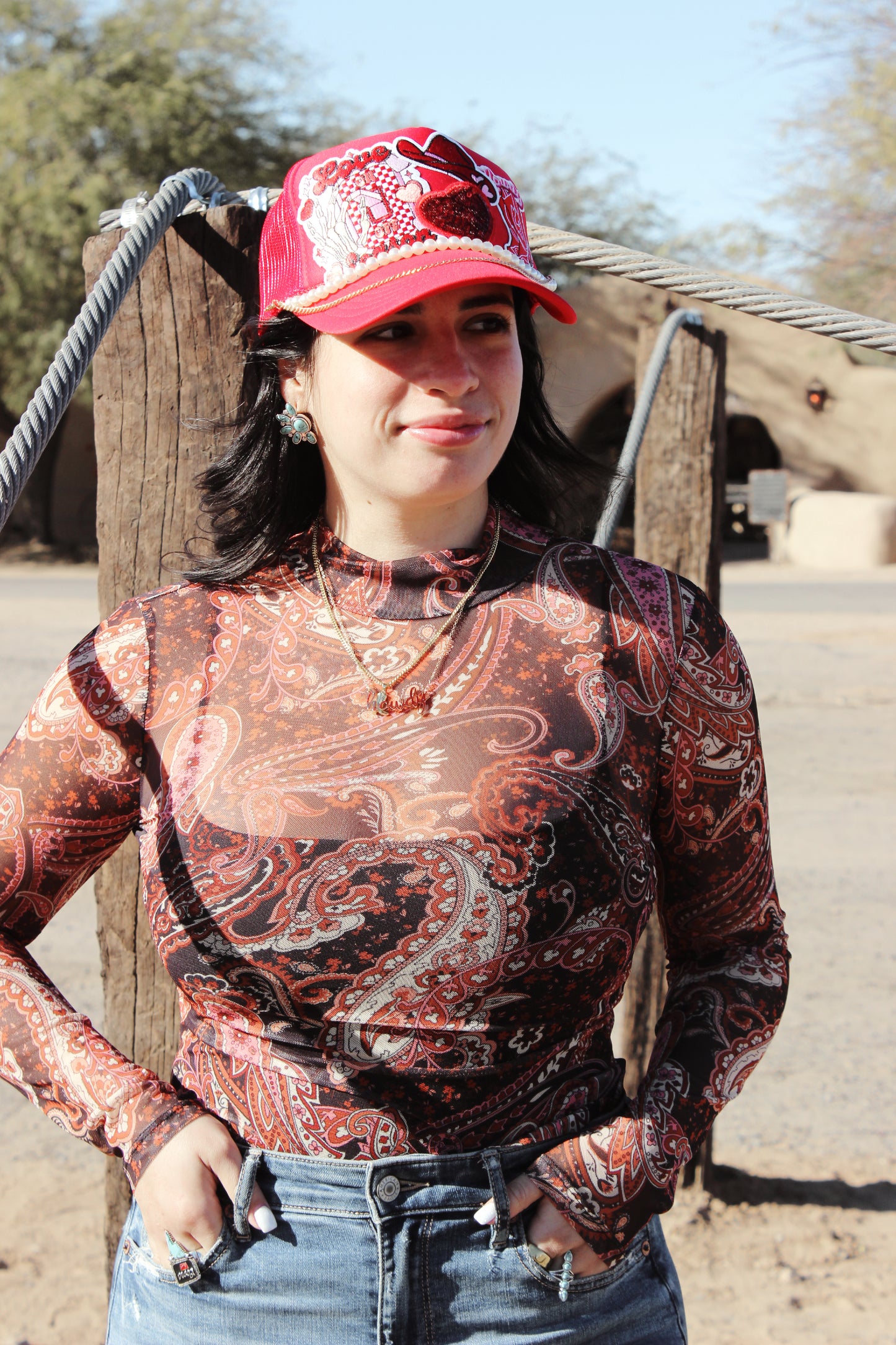 Red Paisley Mesh Long Sleeve