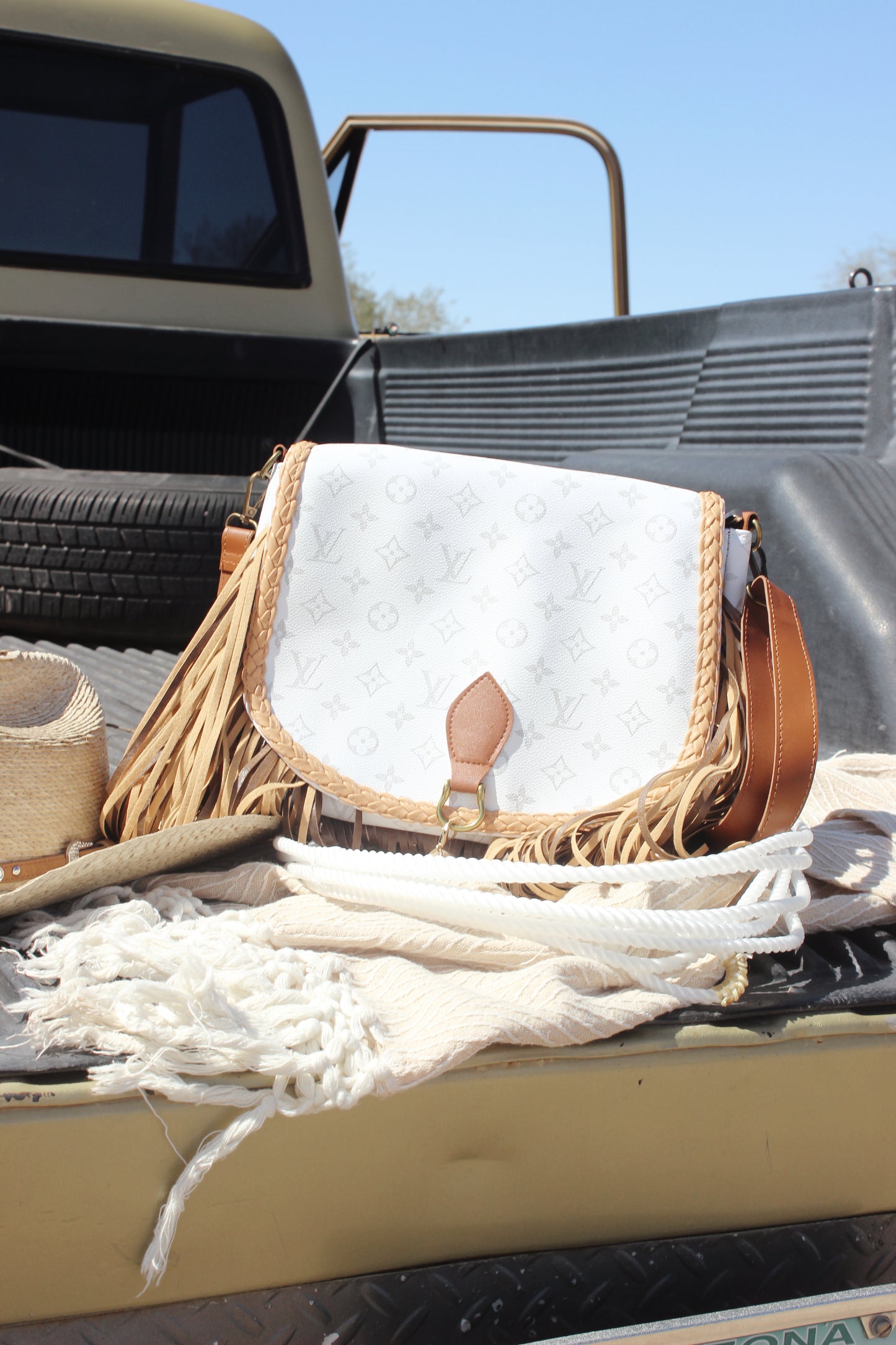 LV Fringe Satchel Bag White