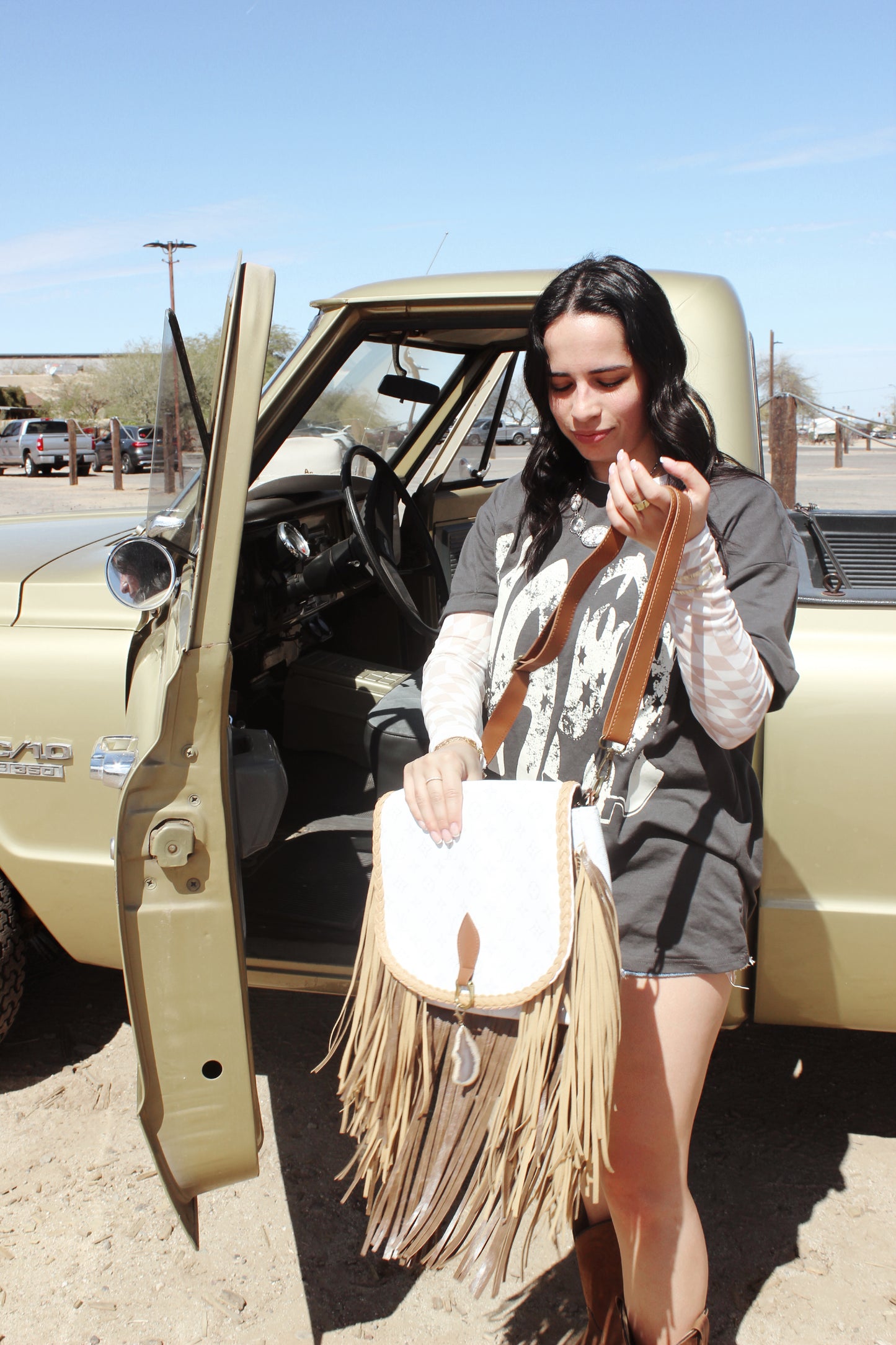 LV Fringe Satchel Bag White